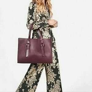 Rachel Zoe Knot Bordeaux Tote Bag Briefcase Wine Brown Faux Leather Purse Chic